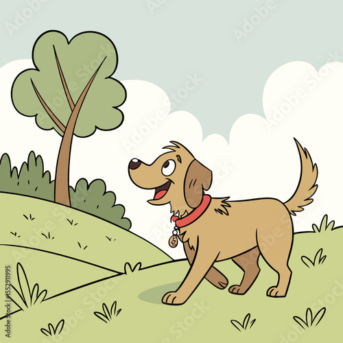 Cartoon dog with red collar walking in a park with a tree and cloudy sky background illustration