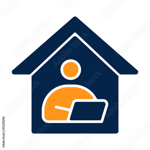 Flat style icon of a faceless remote worker inside a house, working on a laptop, representing modern freelance online job and work-from-home lifestyle in a digital workspace environment.
