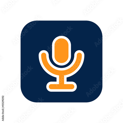 Flat vector icon of a classic microphone on dark rounded square background, representing podcast recording, voiceover audio, vocal streaming, and sound communication technology.