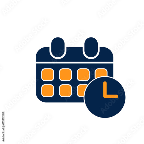 Minimalist flat icon of calendar and clock symbolizing time management, event scheduling, appointment reminder, planning date tasks, and organizing daily work productivity system.

