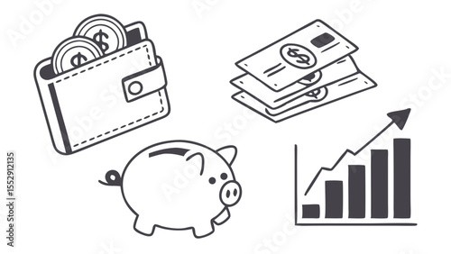 Illustration of a wallet with coins, cash, piggy bank and a graph showing financial growth trend