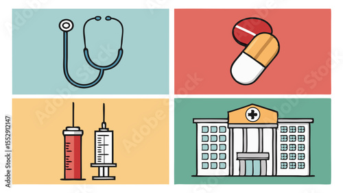 Illustration showing stethoscope pills syringes and a hospital in a four panel arrangement