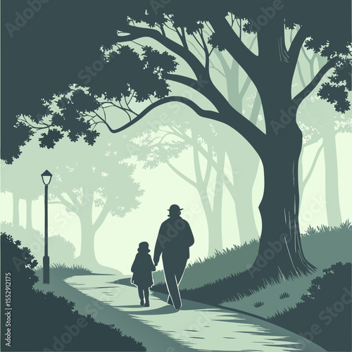 A father and child walk hand in hand down a path in a park with trees and a lamp post on the side walk