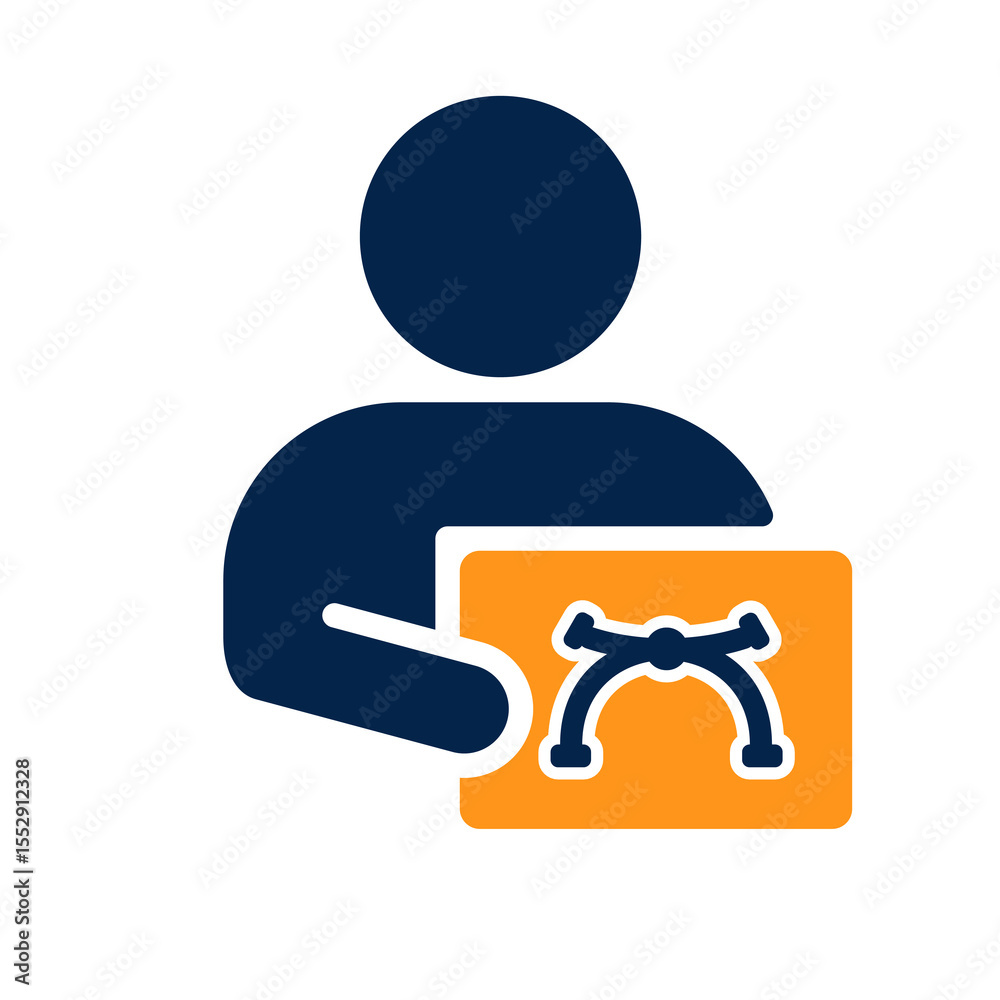Flat modern vector editing icon of person holding a graphic artboard in orange and navy blue, minimalist design for digital illustration and vector design applications