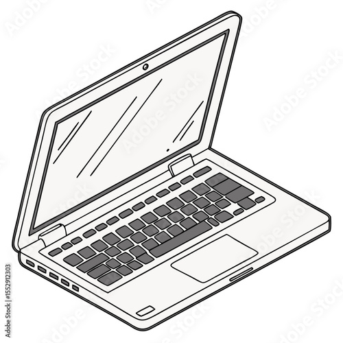 Illustration of an open laptop with a light gray body and a dark gray keyboard and reflective screen