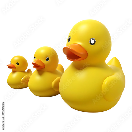 Three yellow rubber ducks in a row isolated on a transparent background