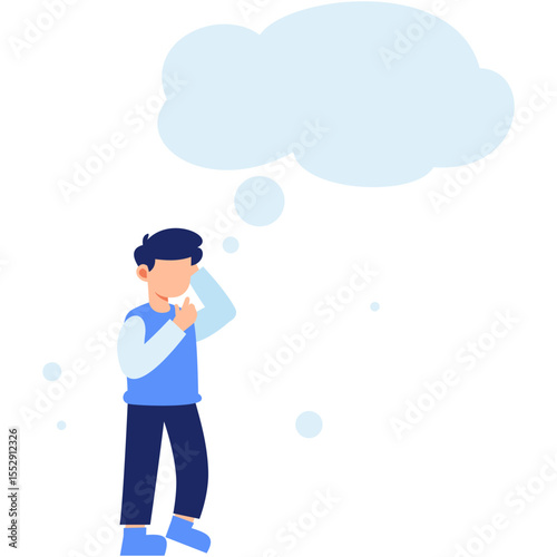 Thoughtful Young Man Standing in Solitude with a Speech Bubble Above, Reflecting on Ideas, Creativity, and Inner Thoughts in a Calm Moment