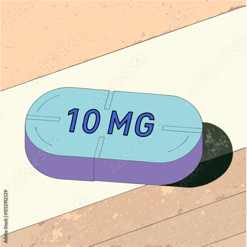 Illustration of a light blue and purple pill with the dosage of ten milligrams written on the top