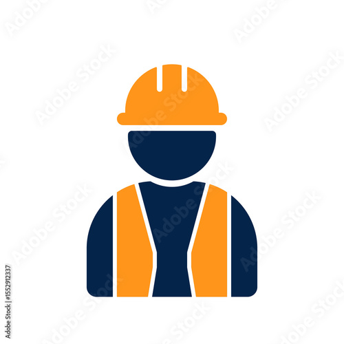 Flat modern construction worker icon in navy blue and orange, minimalist silhouette of a hardhat-wearing laborer with safety vest for industrial apps, workforce management, and project planning.