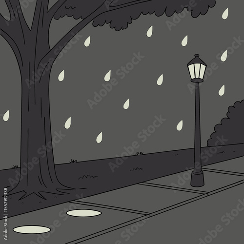 Illustration of a rainy night scene with a tree street lamp and sidewalk under a dark sky with rain 100