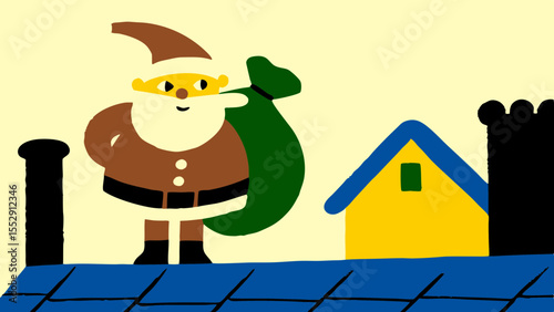 Santa claus on a blue roof with a green sack next to a yellow house and black chimney on beige background