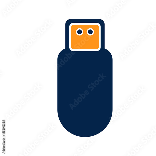 Flat modern USB flash drive icon in orange and navy blue color scheme, minimalist design for digital storage, file transfer, backup solutions, and hardware interface applications