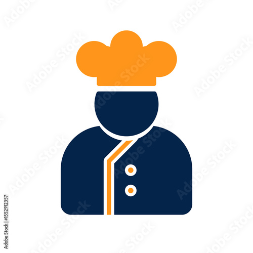Flat modern chef icon silhouette wearing an orange chef hat and uniform, minimalist design for culinary applications, restaurant menus, cooking blog, kitchen management, and food service interfaces
