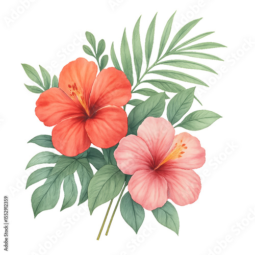 Vibrant Tropical Watercolor Bouquet with Hibiscus Flowers and Foliage