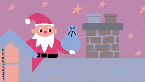 Illustration of santa claus on a roof with a sack near a chimney with stars in the background