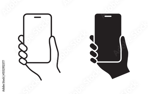 Hand Holding smartphone Icon Set , in outline and flat style , Smartphone line icon. Mobile phone in hand  symbol.  vector illustration . 