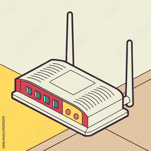 Illustration of a modern wifi router with two antennas on a tiled surface near a wall corner
