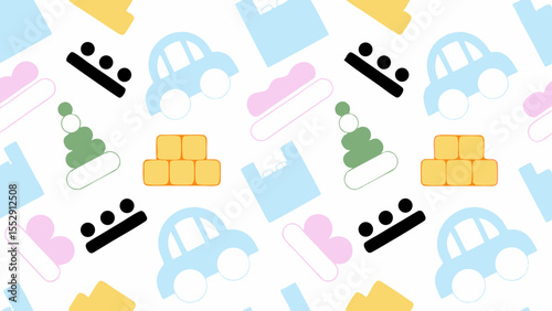 Seamless pattern featuring toy cars building blocks and stacking toys on a white background design