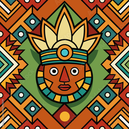 Colorful aztec pattern featuring a stylized face with a headdress and geometric background shapes