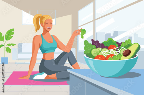 Healthy Lifestyle Woman Enjoying a Fresh Salad After Yoga or Workout