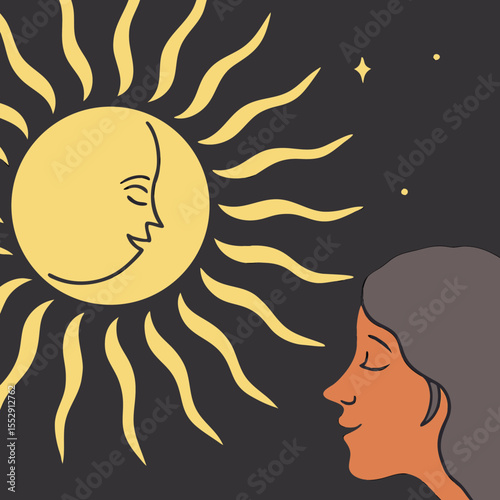 Illustration of a woman looking at a sun with a face under a starry night sky background design