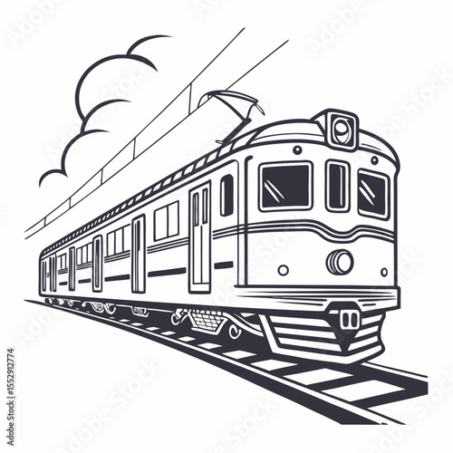 Illustration of a train on the tracks with overhead lines and clouds in a black and white style