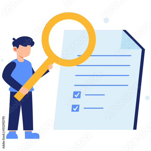 Person carefully reviewing document with magnifying glass symbolizing accuracy attention to detail and thorough inspection process