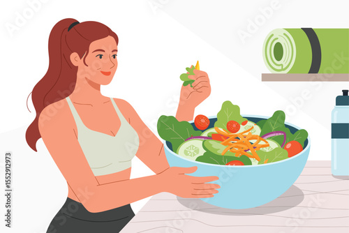 Healthy Eating Habits Woman Enjoying a Fresh Vegetable Salad after Workout