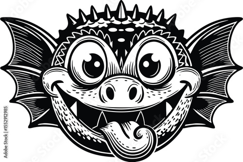 Playful cartoon gargoyle smiles widely, protruding its tongue in a monochrome sketch
