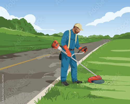 Landscaping Worker Using String Trimmer Along Roadside - Vector Illustration