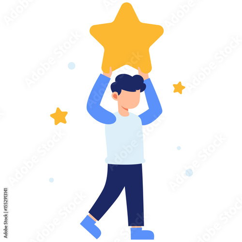 Celebrating success with a cheerful young person proudly holding a star representing achievement and recognition with pride