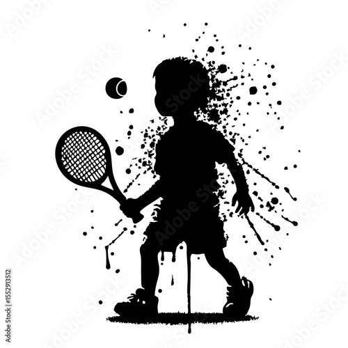 Tennis Kids player Silhouette Grunge Splatter and Dripping Spray Effects