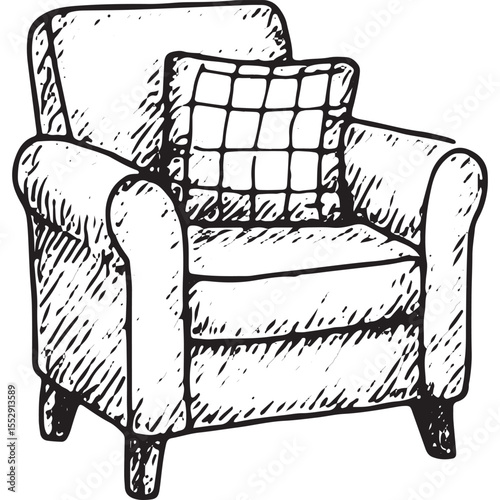 Hand-drawn sketch of a plush armchair with tufted back and cushioned seat, perfect for cozy living room decor, ideal for vintage or modern interior design and furniture illustration