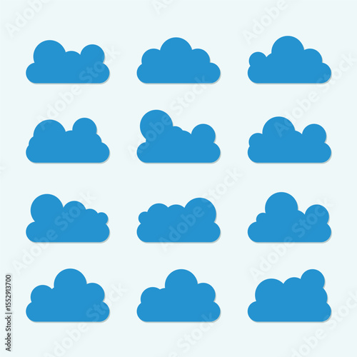 Flat cloud. Simple cloudy shapes. Cartoon white puffy, fluffy and cumulus clouds in blue sky. Abstract comic weather elements. Objects cloudscape for game. 