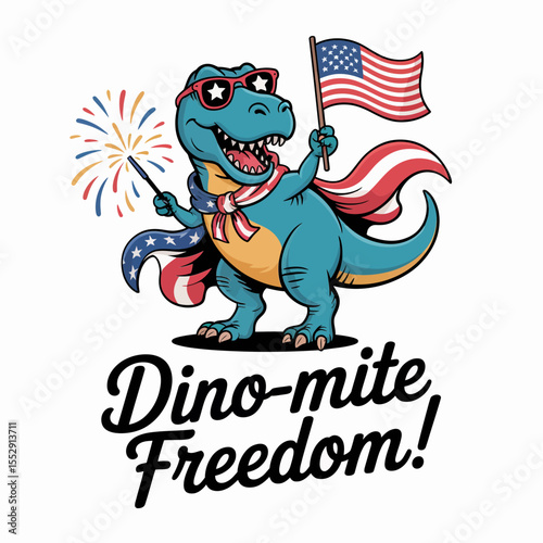 Cartoon dinosaur waving flag with star glasses yelling dino-mite freedom in bold cheerful explosion  