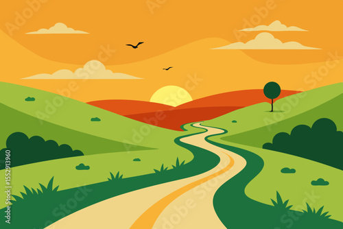 Summer landscape vector illustration with a road, green grass, blue sky, and distant mountains under the sun