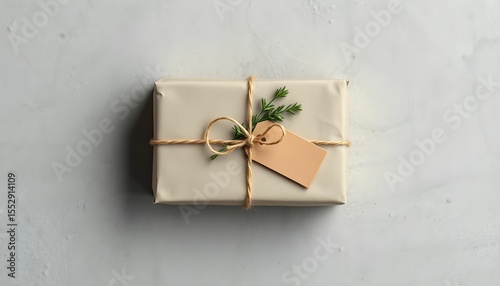 A neatly wrapped gift box with a tag and a sprig of greenery, tied with twine, sits on a textured surface.