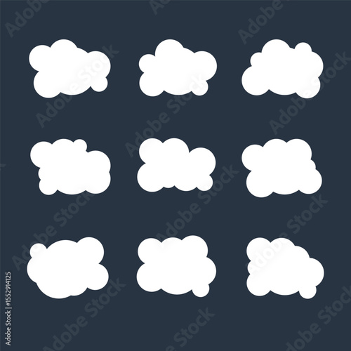 Flat cloud. Simple cloudy shapes. Cartoon white puffy, fluffy and cumulus clouds in blue sky. Abstract comic weather elements. Objects cloudscape for game. 