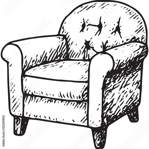 Hand-drawn sketch of a plush armchair with tufted back and cushioned seat, perfect for cozy living room decor, ideal for vintage or modern interior design and furniture illustration