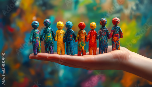 Human resources concept representing diversity in workplace. Hand holding diverse ragdoll figures inclusion, teamwork, collaboration. Inclusive hiring practices create better work culture, team