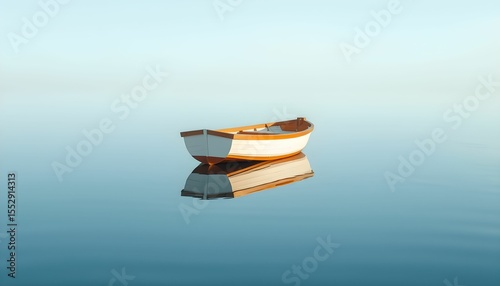 Serene morning; small wooden rowboat floats on calm, still water, its reflection mirroring perfectly.