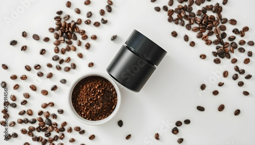 Ground coffee and beans surround a black container on a white background.
