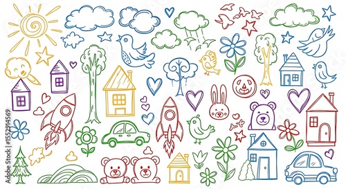 A colorful collection of hand drawn doodles featuring nature animals and objects