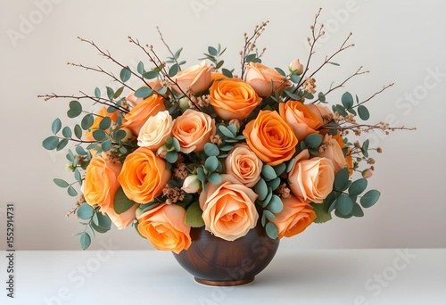 A vibrant floral arrangement of peach and orange roses, eucalyptus, and dried branches in a decorative bowl.