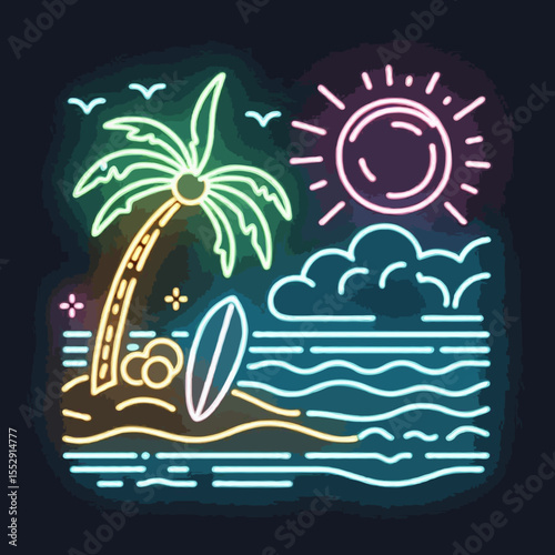 Tropical island vector illustration featuring a beach, palm trees, and the ocean, perfect for summer travel designs
