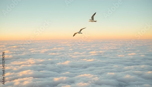 Two seagulls soar above a vast sea of clouds under a pastel-colored sky at dawn or dusk.