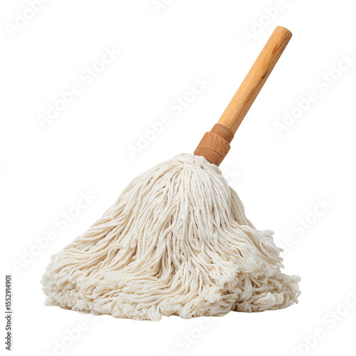 A classic, simple mop with a wooden handle, perfect for cleaning. The mop head is made of soft, absorbent material, ready to tackle any mess