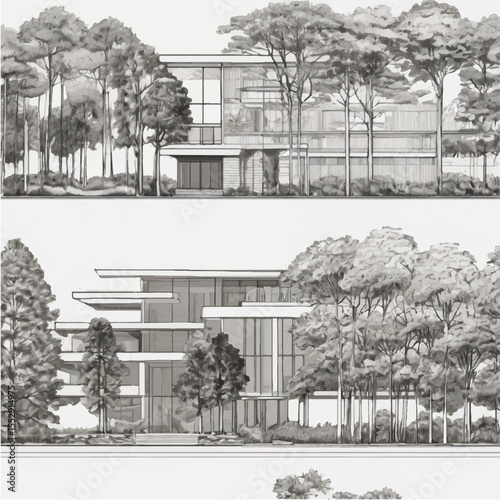 Black and white vintage sketch of an old architectural building in the city park