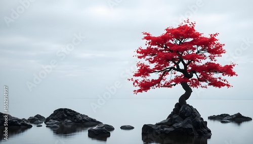 A solitary red maple tree stands on a rock outcrop, overlooking a calm lake on a cloudy day.