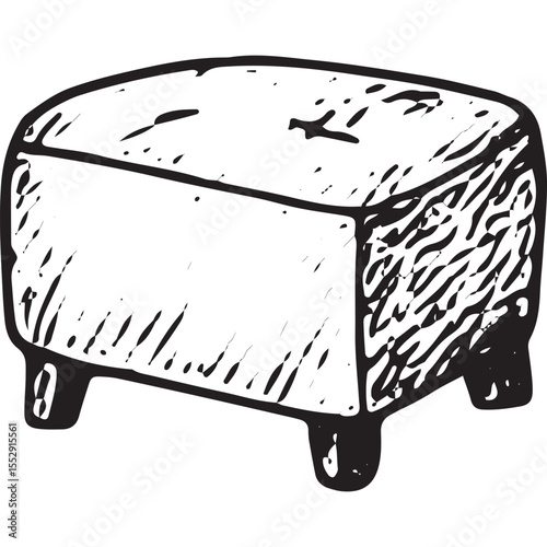 Hand-drawn sketch of a cushioned ottoman, perfect for living room seating, ideal for vintage or modern interior design illustrations